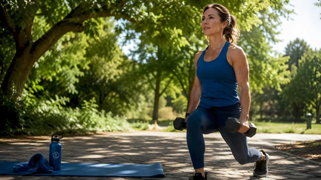 Woman performing a dumbbell lunge outdoors during a strength training session