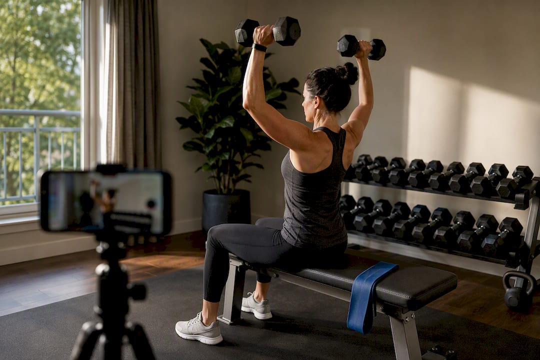 Woman filming side view of lifting form