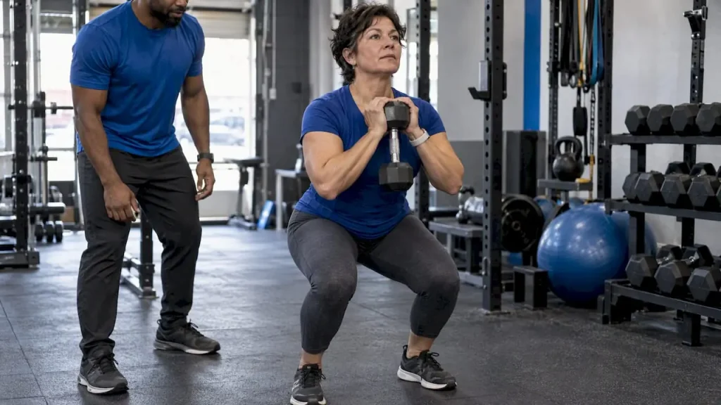 A woman is performing a dumbbell goblet squat while a personal trainer supervises in a gym.
